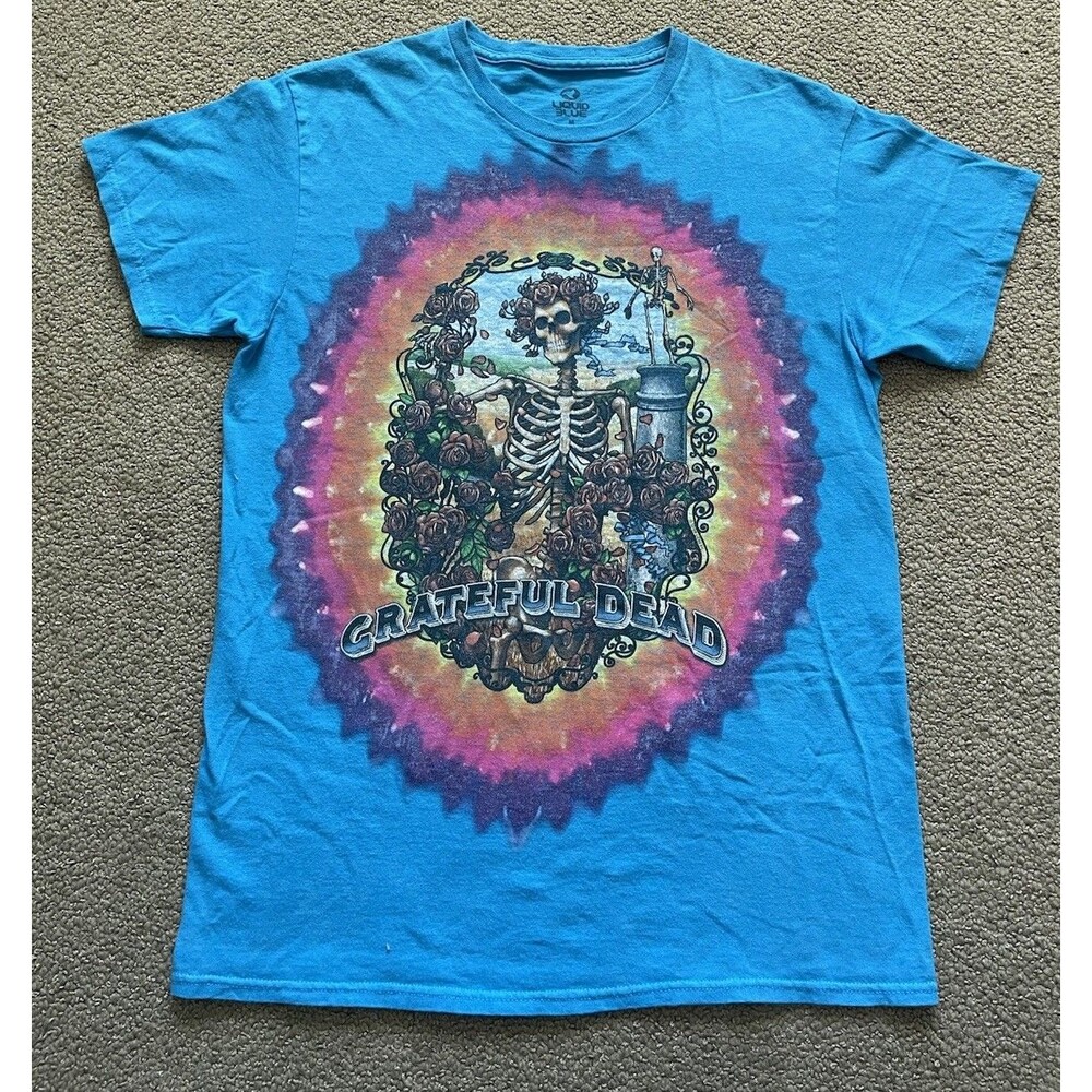 Grateful Dead Liquid Blue Skeleton Roses P. Maguire Tee Blue Mens Medium Y2K